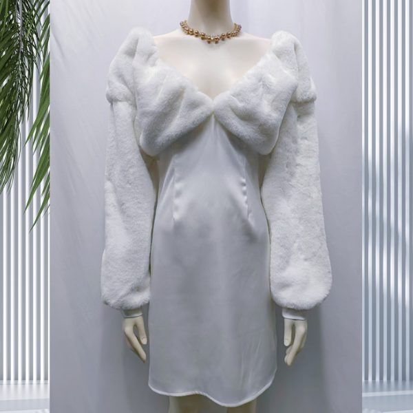Casual Dresses Elegant V-Neck Faux Fur and Silk Satin Spliced Long Sleeve Dress