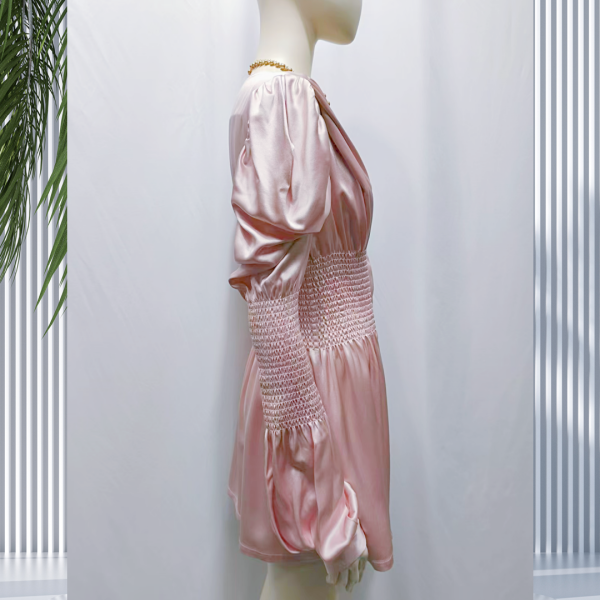 Casual Dresses Elegant Solid Color Silk Satin V-Neck Pleated Waist Dress - Image 2