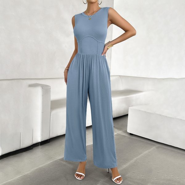 Spring Summer 2024 Elegant and Stylish Solid Color Slim Fit Women's Sleeveless Denim Jumpsuit - Image 3