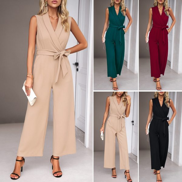 Summer Fashion Commuter Solid Color V-Neck Tie-Waist Sleeveless Women's Jumpsuit - Image 2