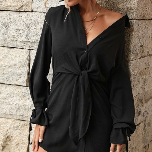 Autumn New Arrivals 2024 Fashionable Turn-Down Collar Black Loose Fit French Shirt Dress - Image 2