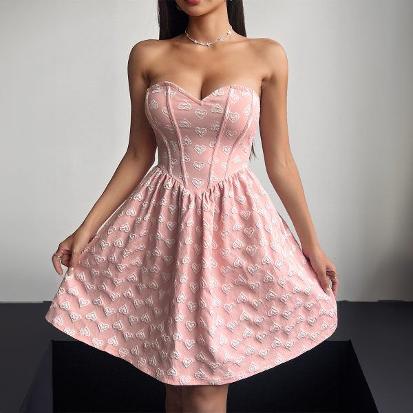 Summer Sweet Elegant Solid Color Sleeveless Jacquard Bandeau Frocks for Women