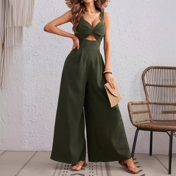 2024 Women's Jumpsuit Sexy Solid Color Hollow Out Spaghetti Strap Wide Leg Jumpsuit
