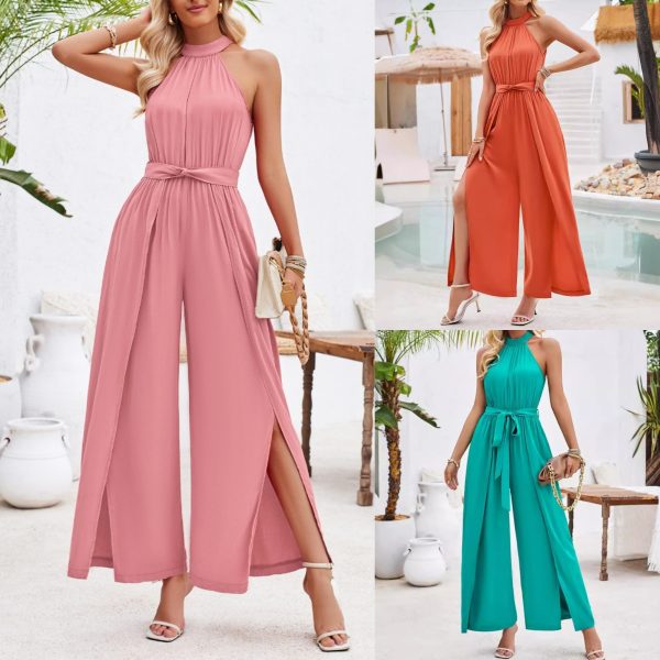 Fashion Solid Color Halter Neck Tie Waist Women's Sleeveless Wide-Leg Jumpsuit lady jumpsuit outfit - Image 2