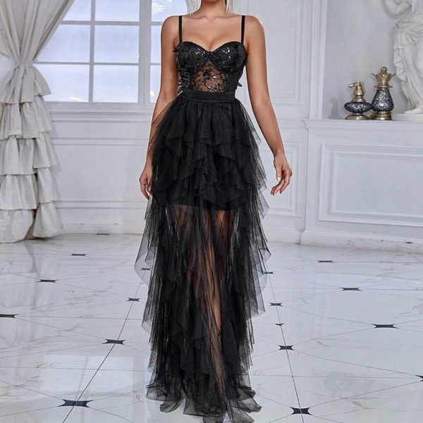 Elegant Party Dress for Women Fashionable Butterfly Sequin Spliced Mesh Evening Gown - Image 2
