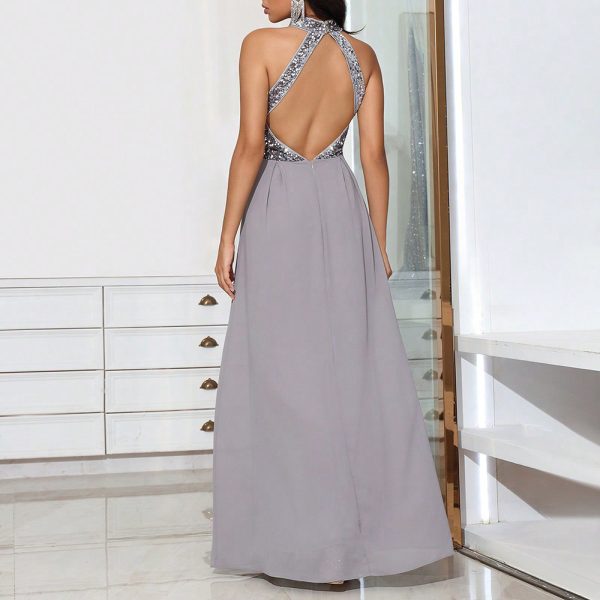 Sexy Luxurious Solid Color Halter Neck Sequin Spliced Backless Sleeveless Gowns for Women - Image 3
