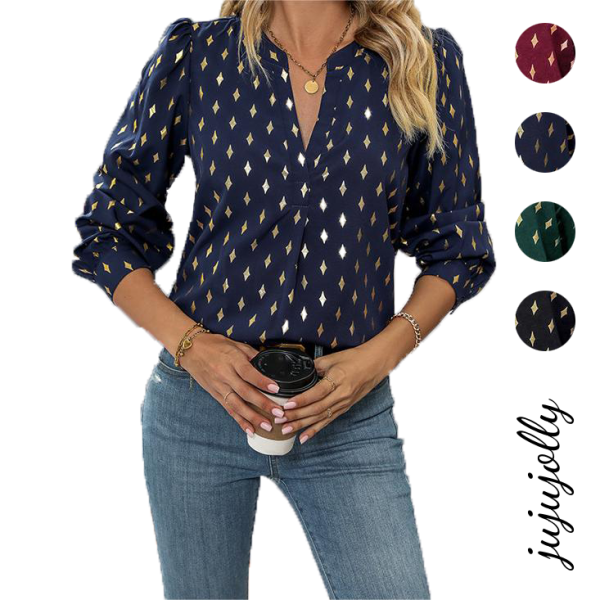 Multicolored Gold-Pressed V-Neck Girl's Long-Sleeve Blouse with Rhombus Pattern Casual Summer - Image 3