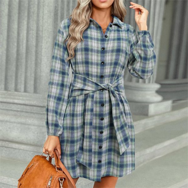 Women's Casual Chic Commuter Style Dress Multi-Way Plaid Belted for Daily Travel - Image 2