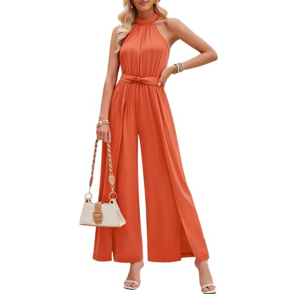 Fashion Solid Color Halter Neck Tie Waist Women's Sleeveless Wide-Leg Jumpsuit lady jumpsuit outfit