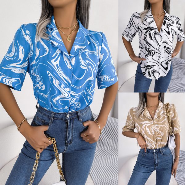 Casual Turn-down Collar Color Block Printed Loose blusas para mujer Short Sleeve Shirt - Image 2