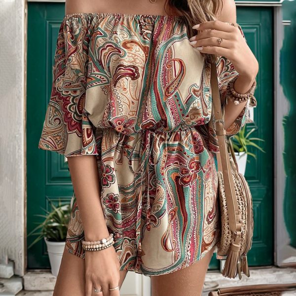 Summer Fashion Vintage Print Off-Shoulder Tie Waist Combinaison Femme - Image 2