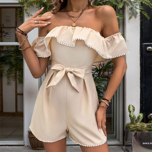 Summer Fashionable Elegant Off-The-Shoulder Ruffle Solid Color Tie Waist Jumpsuit for Women
