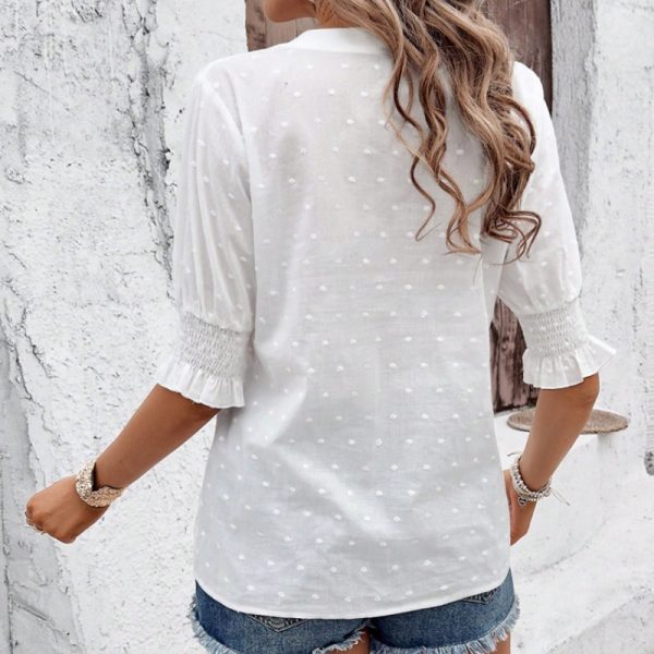 2024 Summer Fashion Embroidered Hollow Out Women's Shirt V-Neck Casual Pullover Bubble Sleeve Solid Color Loose Top - Image 6