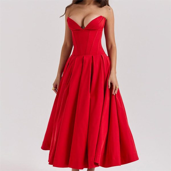 Women's Strapless Backless Long Dress with Fishbone Waistband Sexy Formalwear Decorated with Ruffles Ruched Natural Waistline