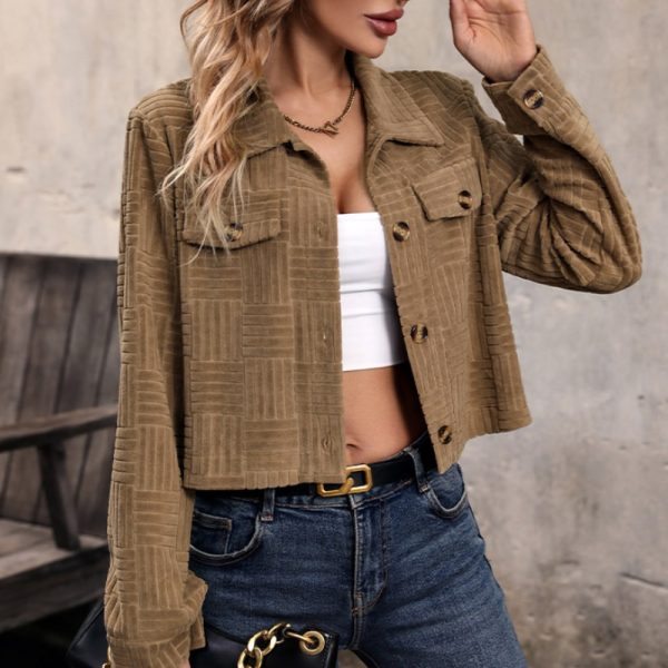Women Winter Jackets Fashionable Casual Corduroy Solid Color Turn-Down Collar Short Coat - Image 2