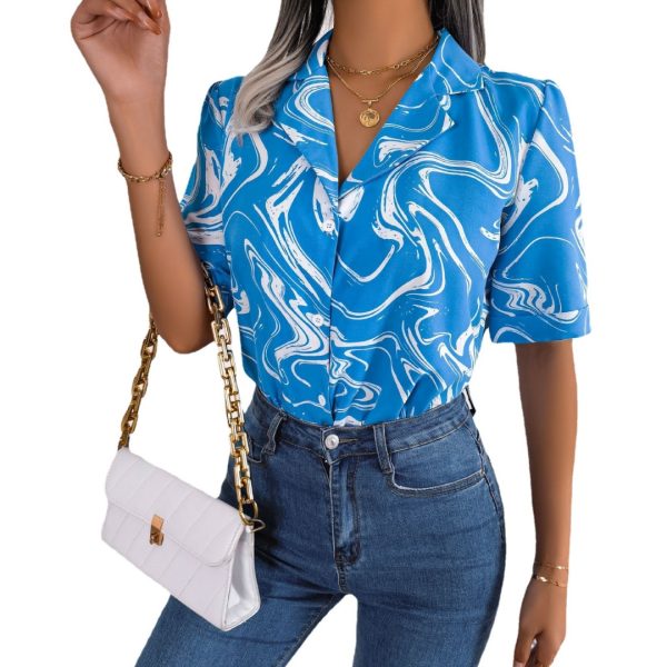 Casual Turn-down Collar Color Block Printed Loose blusas para mujer Short Sleeve Shirt