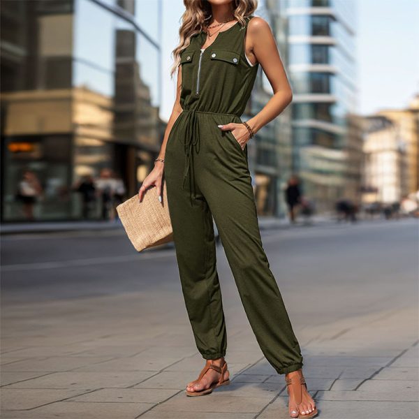 Summer Casual Women Jumpsuit 2024 Solid Color Sleeveless Tie Waist Long Jumpsuit - Image 2