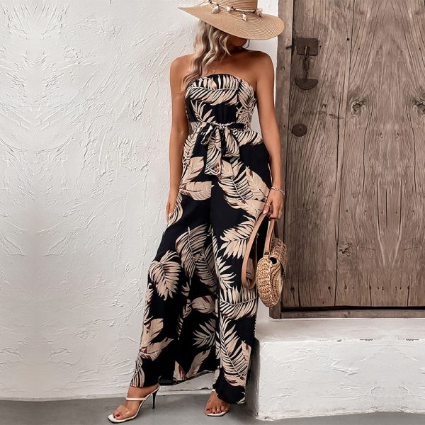 Summer Lady Jumpsuit Outfit Fashionable and Sexy Plant Print Bandeau Belted Wide Leg Jumpsuit