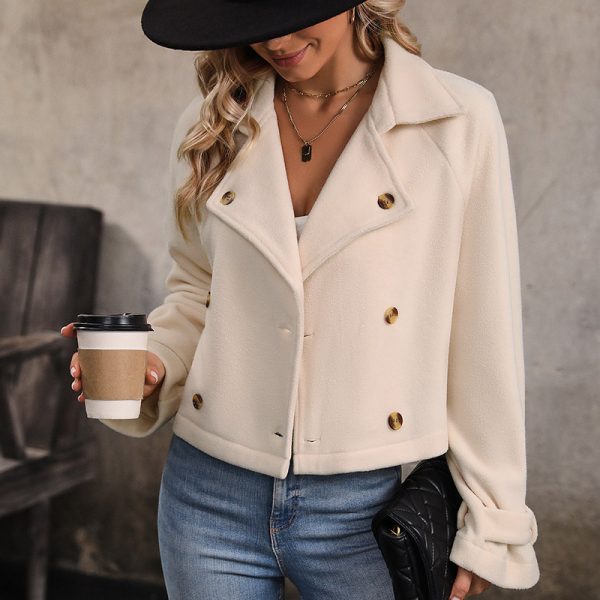 Casual Autumn/Winter Women's Clothing Fashionable Turn-Down Collar Solid Color Polar Fleece Short Coat - Image 3