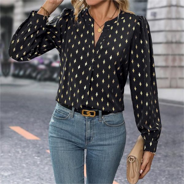Multicolored Gold-Pressed V-Neck Girl's Long-Sleeve Blouse with Rhombus Pattern Casual Summer - Image 2