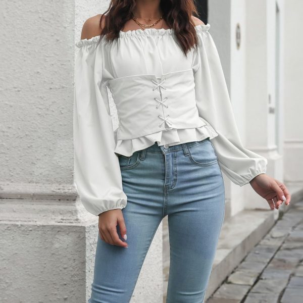 Chiffon Blouses for Women with Front Tie Lantern Sleeves and Off-the-Shoulder Waist Cinching - Image 2