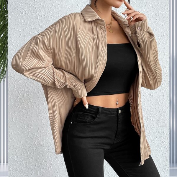 Autumn Blouses for Lady Fashionable Solid Color Textured Loose Long Sleeve Shirt - Image 3