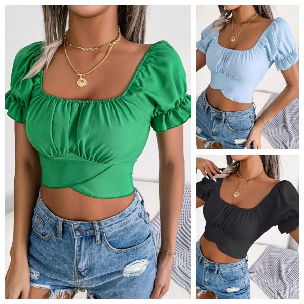 Women's Casual Short Sleeve Chiffon Blouse Top Summer Cinched Waist Design Comfortable Crop Top Shirt - Image 2