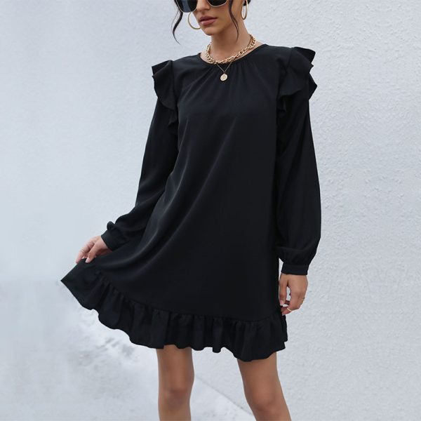 Autumn Frocks for Women Fashionable Solid Color Ruffle Loose Dress