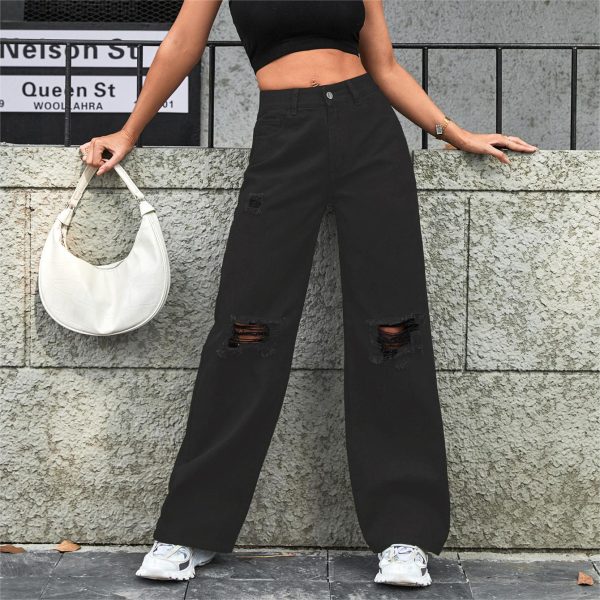 Commuter Style Fashion Straight-Leg Distressed High-Waisted Wide-Leg Jeans