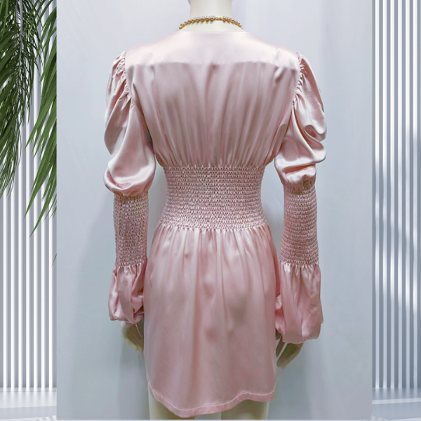 Casual Dresses Elegant Solid Color Silk Satin V-Neck Pleated Waist Dress - Image 3