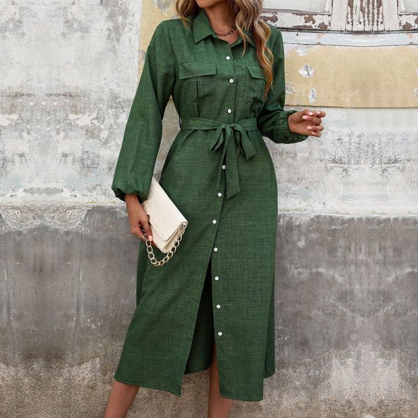 Women Clothes 2024 Autumn Fashion Green Turn-Down Collar Tie Waist Long Sleeve Midi Dress - Image 3