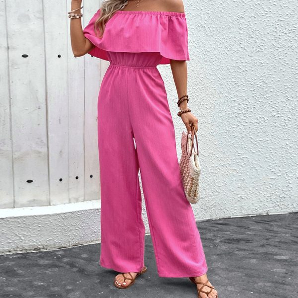 Summer Jump Suits for Women Fashionable Off-Shoulder Solid Color Top with Wide-Leg Long Pants