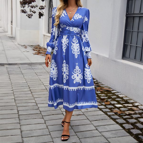Women's Breathable V-Neck Dress Autumn Chiffon Waist Pleated Long Sleeve Color Block Patchwork Ruched Natural - Image 3