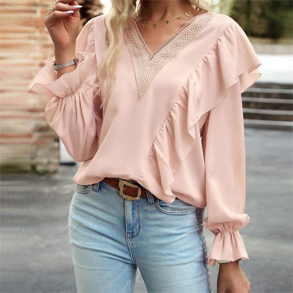 High-End Women's Long-Sleeved V-Neck Lace Shirts Commuter Geometric Pattern with Silk Screen Printing