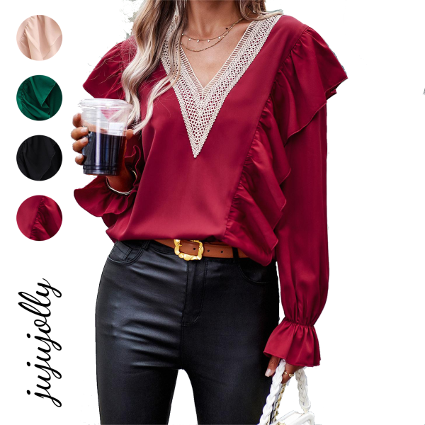 High-End Women's Long-Sleeved V-Neck Lace Shirts Commuter Geometric Pattern with Silk Screen Printing - Image 3