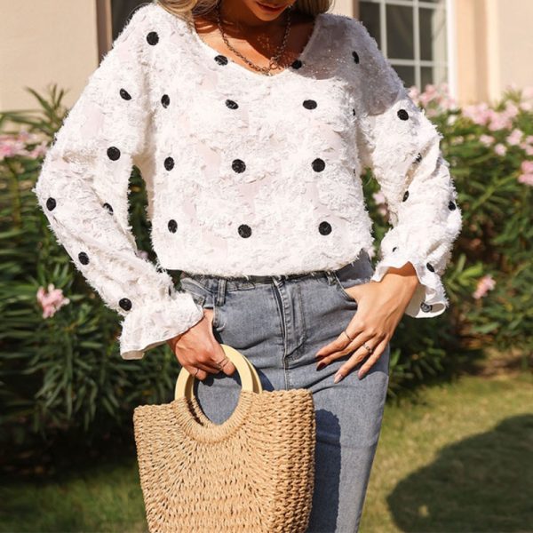Autumn Ladies Tops Latest Design Fashionable White Long Sleeve V-Neck Polka Dot Spliced Blouse