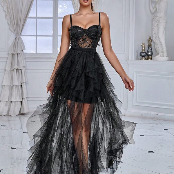 Elegant Party Dress for Women Fashionable Butterfly Sequin Spliced Mesh Evening Gown