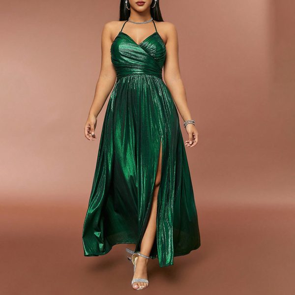 Sexy Vintage Solid Color Ruched Split Hem Full Skirt Spaghetti Strap Gowns for Women - Image 3