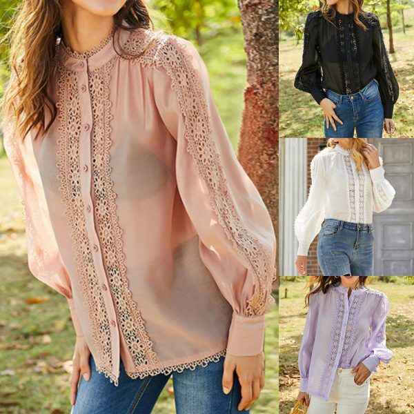 New Arrivals Autumn blusas para mujer Lace Spliced Sexy Round Neck Puff Sleeve Blouse - Image 3