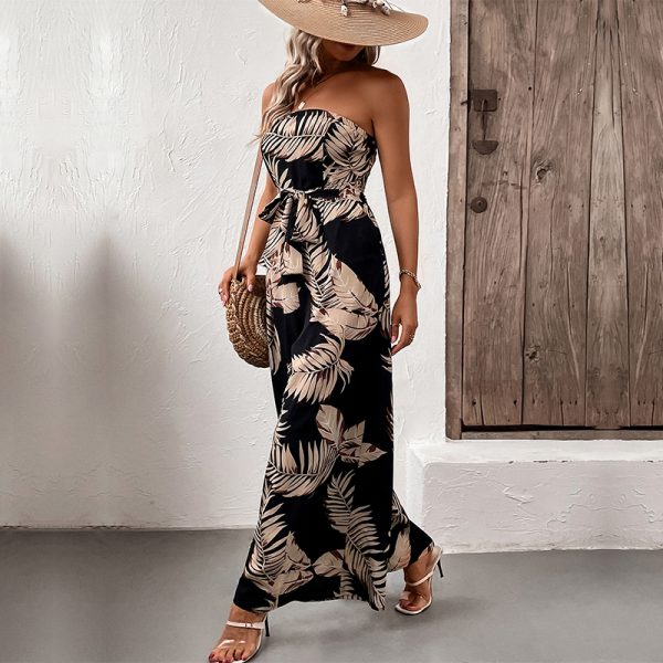 Summer Lady Jumpsuit Outfit Fashionable and Sexy Plant Print Bandeau Belted Wide Leg Jumpsuit - Image 3