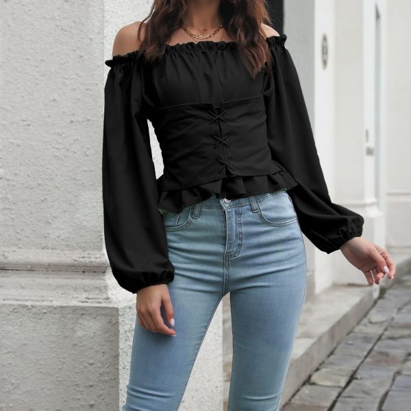 Chiffon Blouses for Women with Front Tie Lantern Sleeves and Off-the-Shoulder Waist Cinching - Image 3