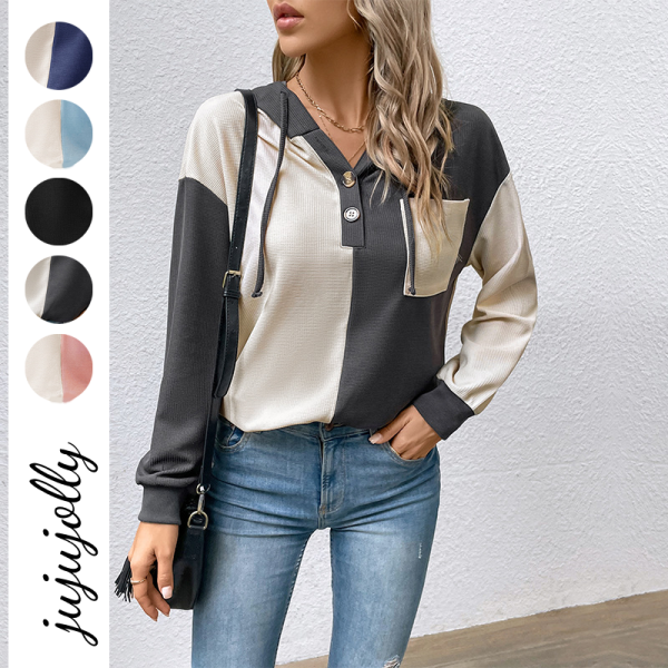 Elegant Casual Multicolor Color Block Hooded Waffle Grid Patchwork Women's Hoodies New 2024