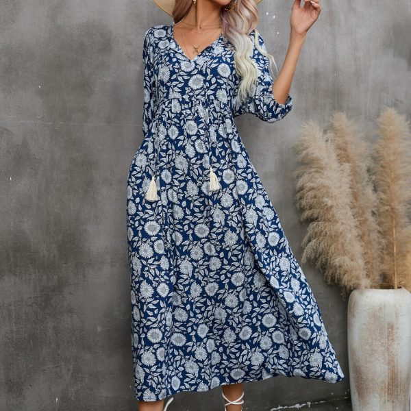 Summer Frocks for Women Bohemian V-Neck Print Short Sleeve Beach Dress