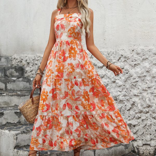 Summer Clothes for Women Dresses Elegant V-Neck Backless Floral Print Spaghetti Strap Dress