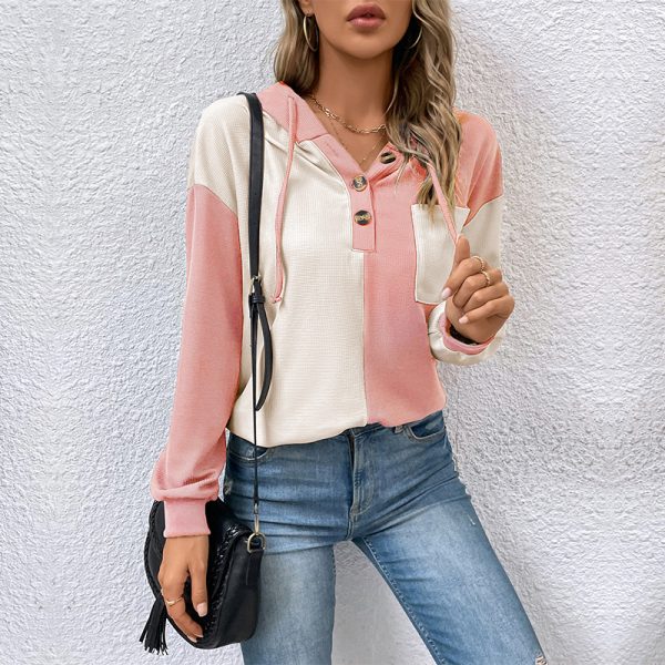 Elegant Casual Multicolor Color Block Hooded Waffle Grid Patchwork Women's Hoodies New 2024 - Image 2