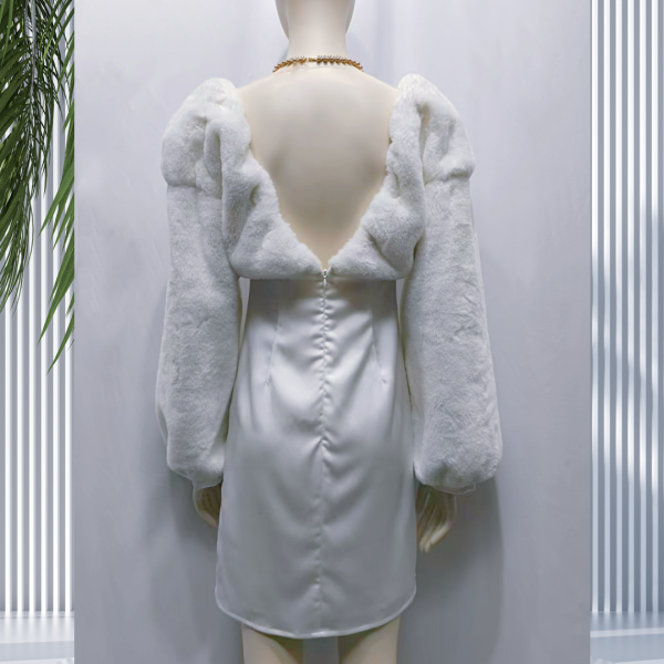 Casual Dresses Elegant V-Neck Faux Fur and Silk Satin Spliced Long Sleeve Dress - Image 3