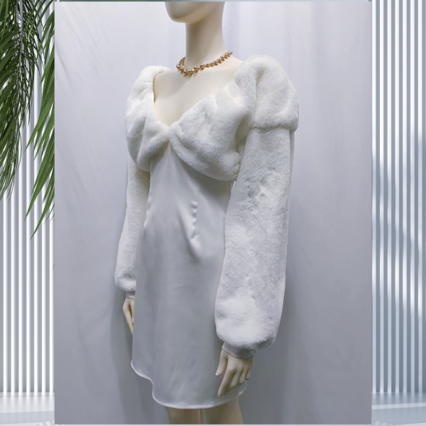 Casual Dresses Elegant V-Neck Faux Fur and Silk Satin Spliced Long Sleeve Dress - Image 2