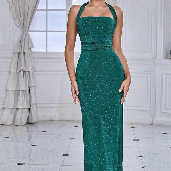 Elegant Halter Neck Backless Split Evening Dress Fashionable Solid Color with Ruched - Image 2
