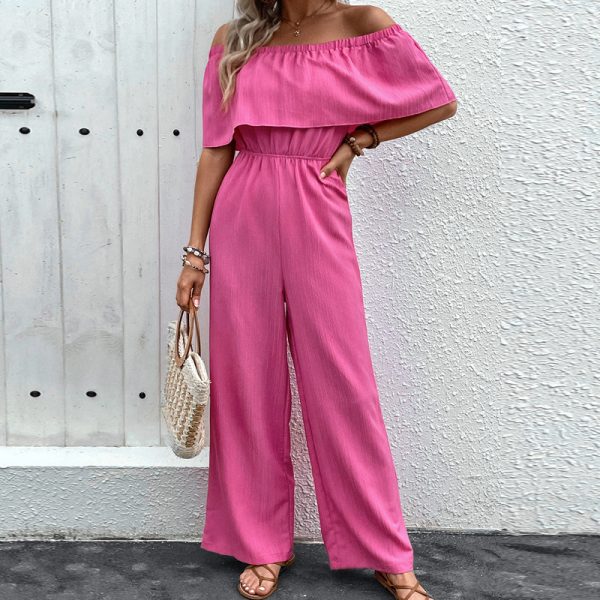 Summer Jump Suits for Women Fashionable Off-Shoulder Solid Color Top with Wide-Leg Long Pants - Image 3