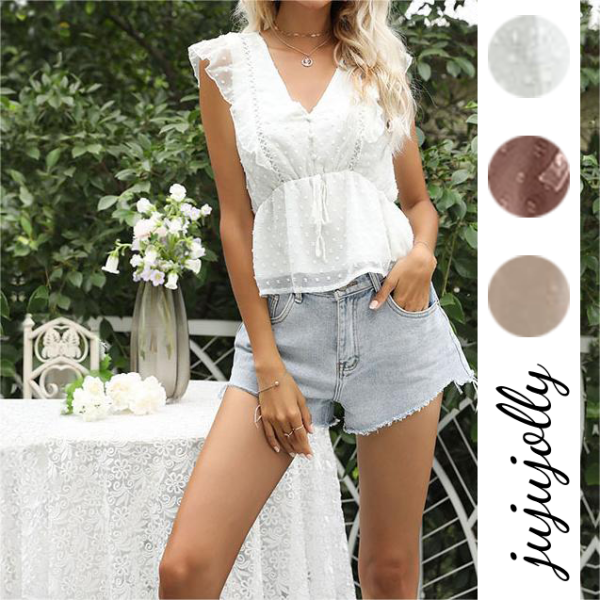 Top with Lotus Leaf Hem Patchwork Solid Color Flutter Sleeve Waist-Cinched Short Sleeve Chiffon Blouse